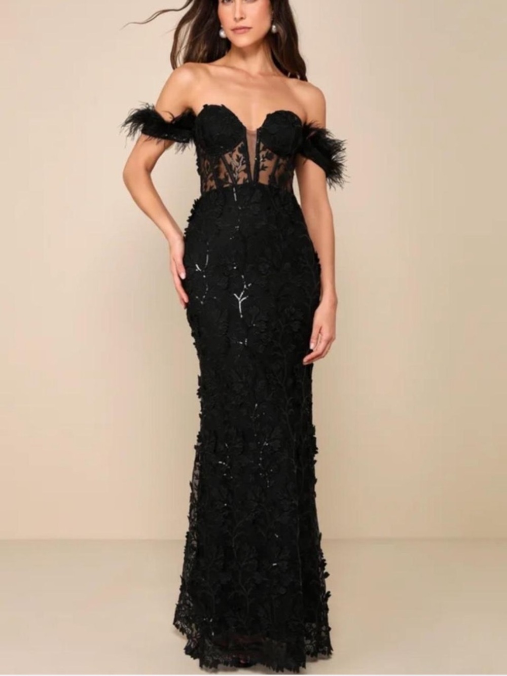 NWT Lulus Midnight Sparkle Black Embroidered Feather Bustier Maxi Dress